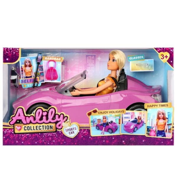 Anlily dukka og pink sportsvognur 32x19cm