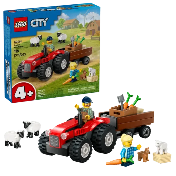 Rød traktor med anhænger og får