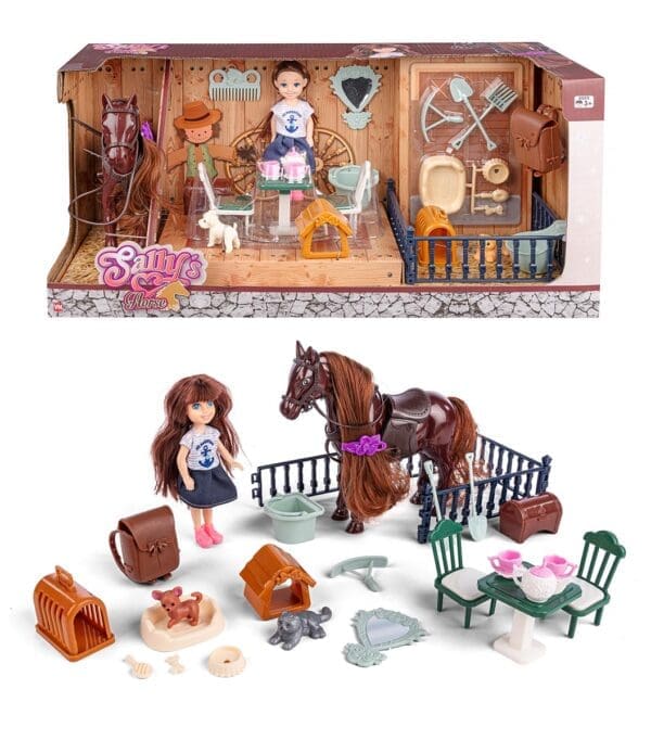 Sally dukka og hestur v/tilhoyr