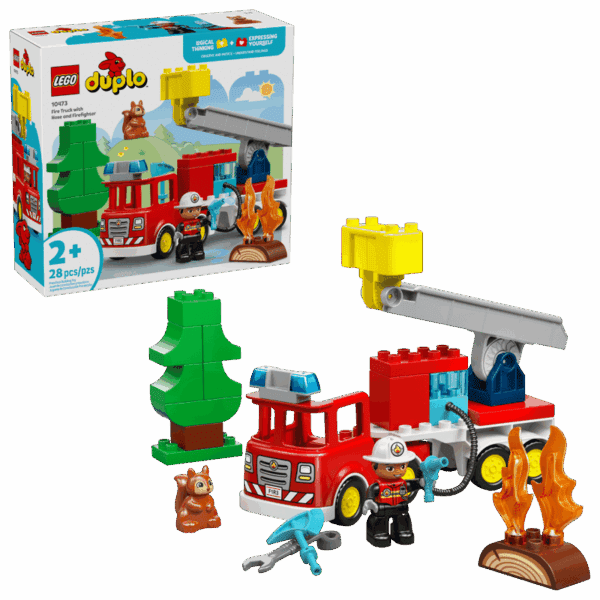 Brandbil med slange og brandmand