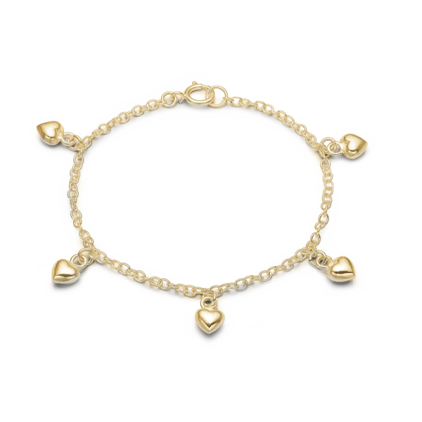 Gylt armband v/5 hjørtum, til børn, 17cm, sterling silvur