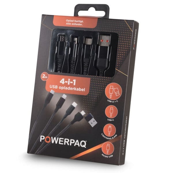 PowerPaq Ladekabel Multi 4-i-1, 2 meter
